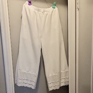 White Wide-Leg Pants with Lace Trim